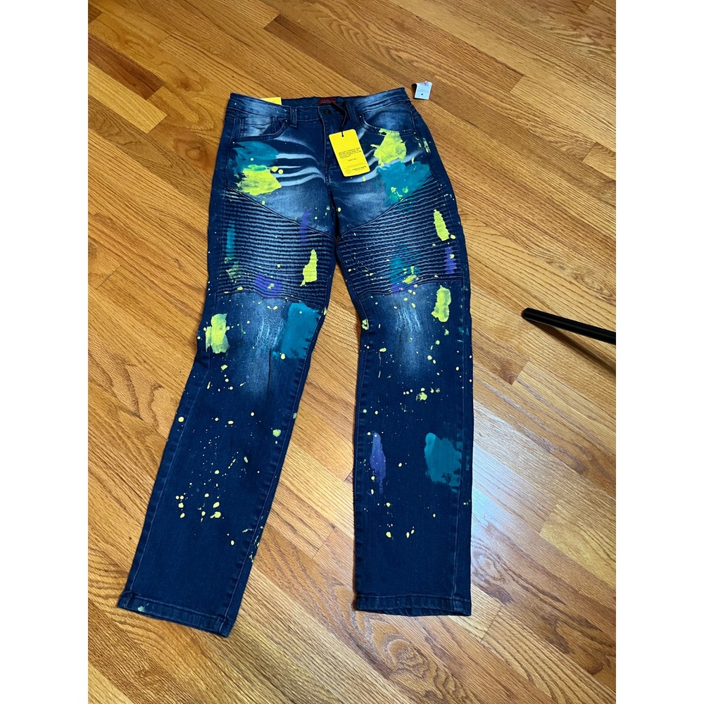 Truth Substance Slim Moto Jeans Paint Splatter Distressed Denim 16 NWT